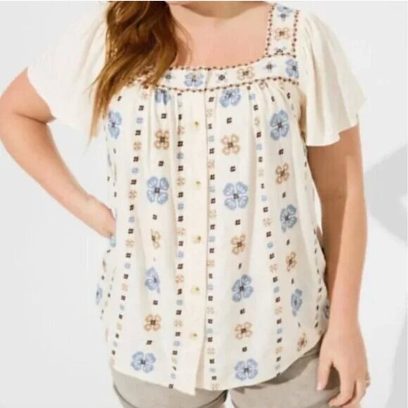 Torrid Linen Blend Embroidered Floral Flutter Sleeve Top - Picture 1 of 13